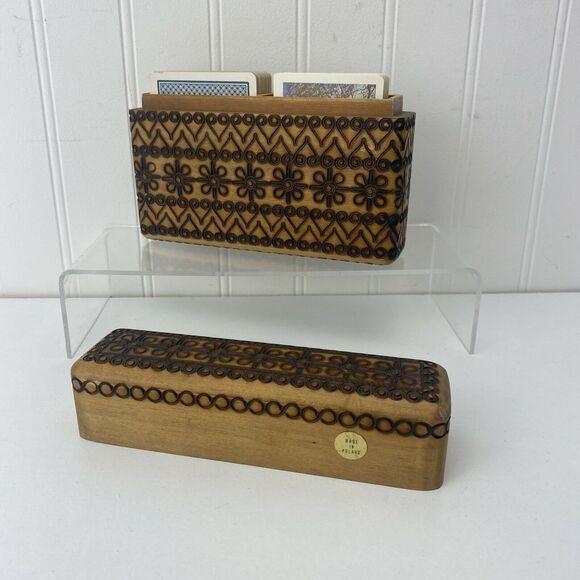 Vintage Polish Pyrography Carved Wooden Playing Card Box With 2 Decks Of Cards - Picture 4 of 7